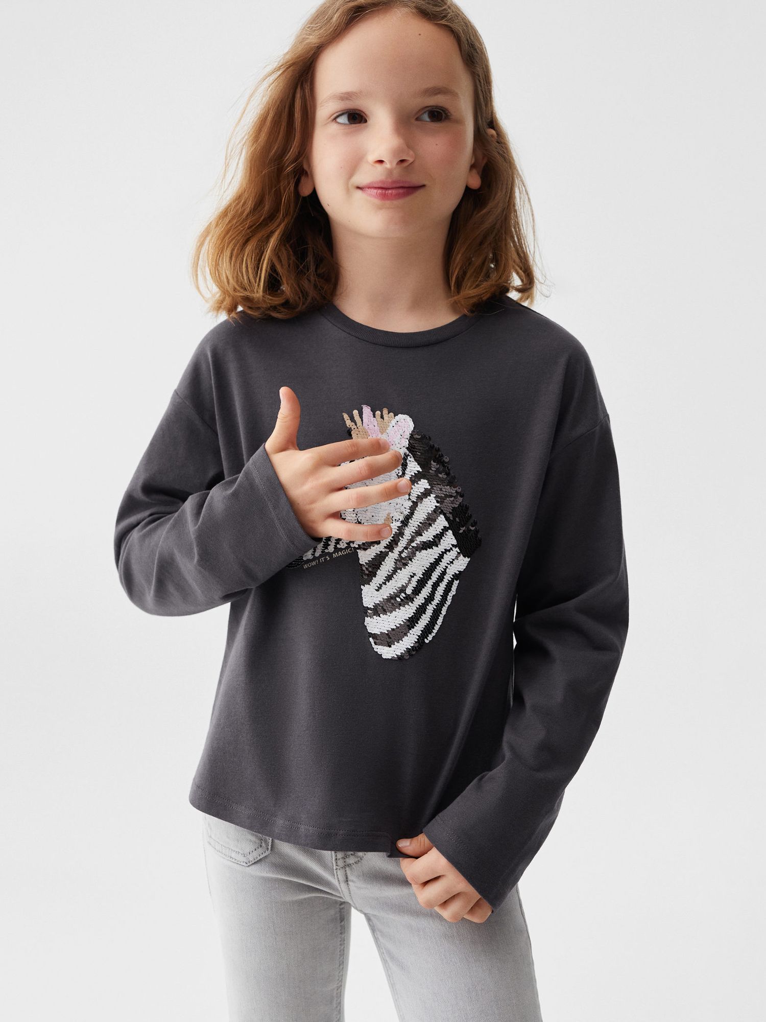 Mango Kids' Sequin Zebra Long Sleeve T-Shirt, Charcoal, 13-14 years