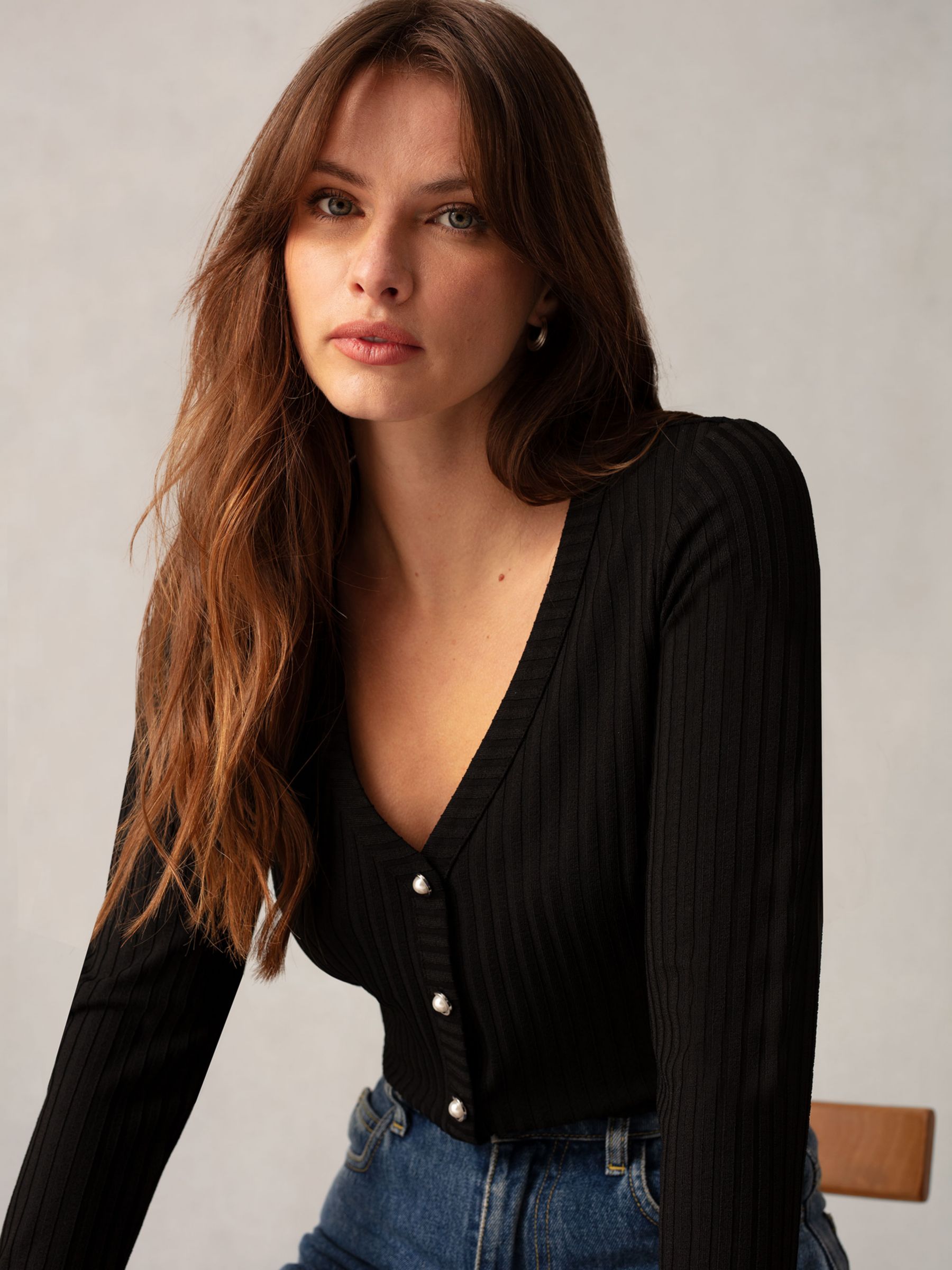 Ro&Zo Button Front Rib Jersey Top, Black at John Lewis & Partners