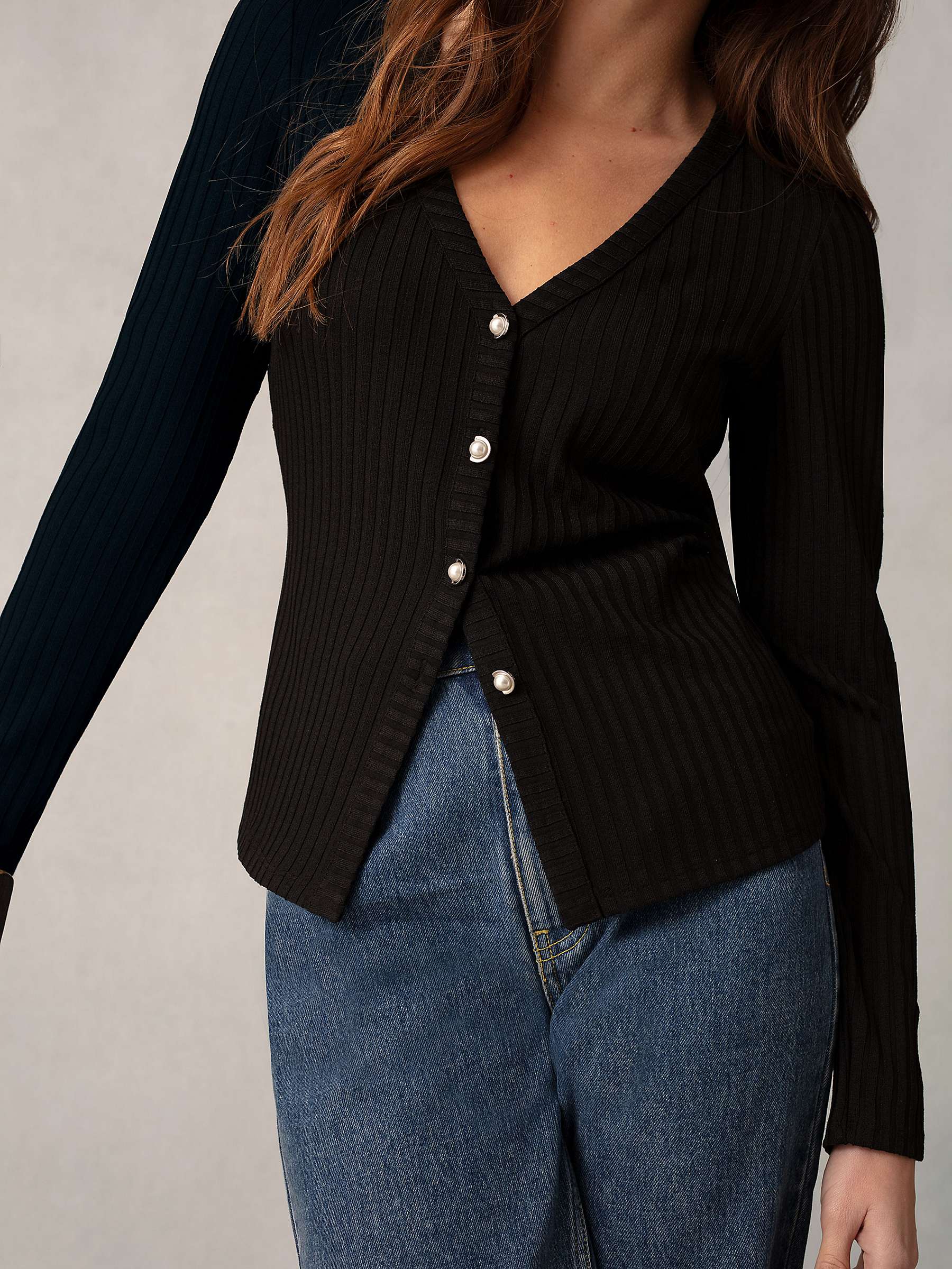 Buy Ro&Zo Button Front Rib Jersey Top, Black Online at johnlewis.com