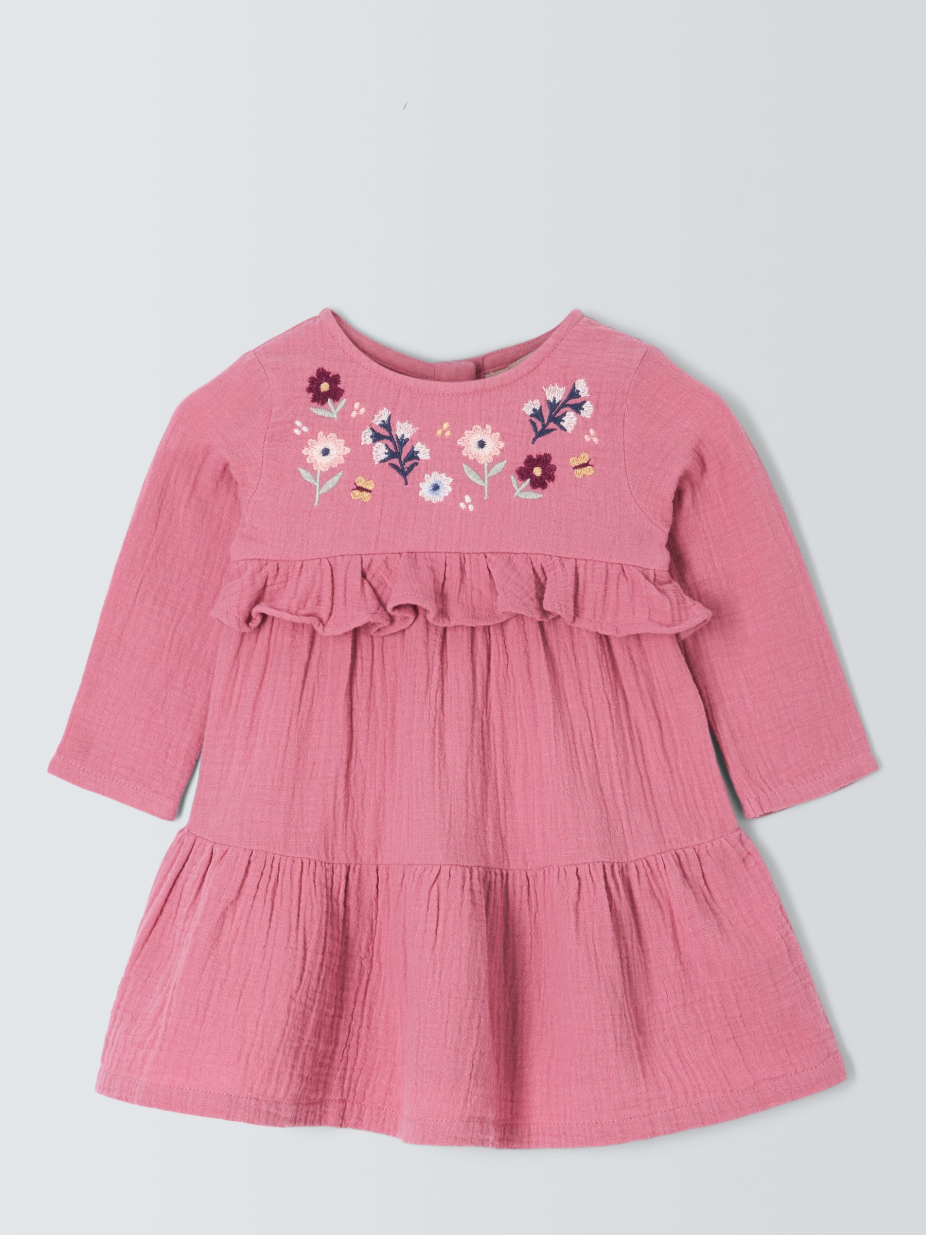 John Lewis Baby Floral Embroidered Long Sleeve Dress, Pink, 2-3 years
