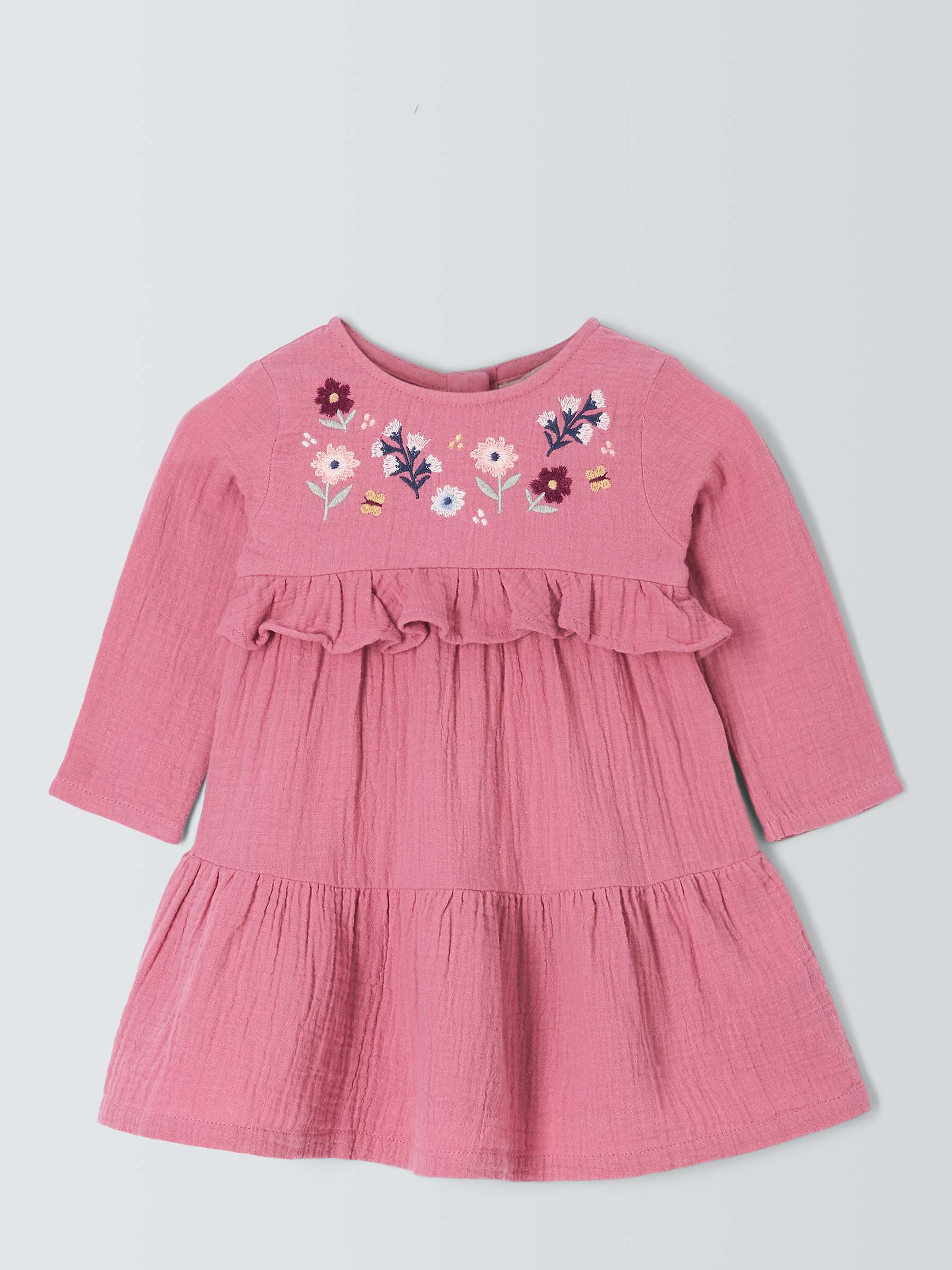Buy John Lewis Baby Floral Embroidered Long Sleeve Dress, Pink Online at johnlewis.com