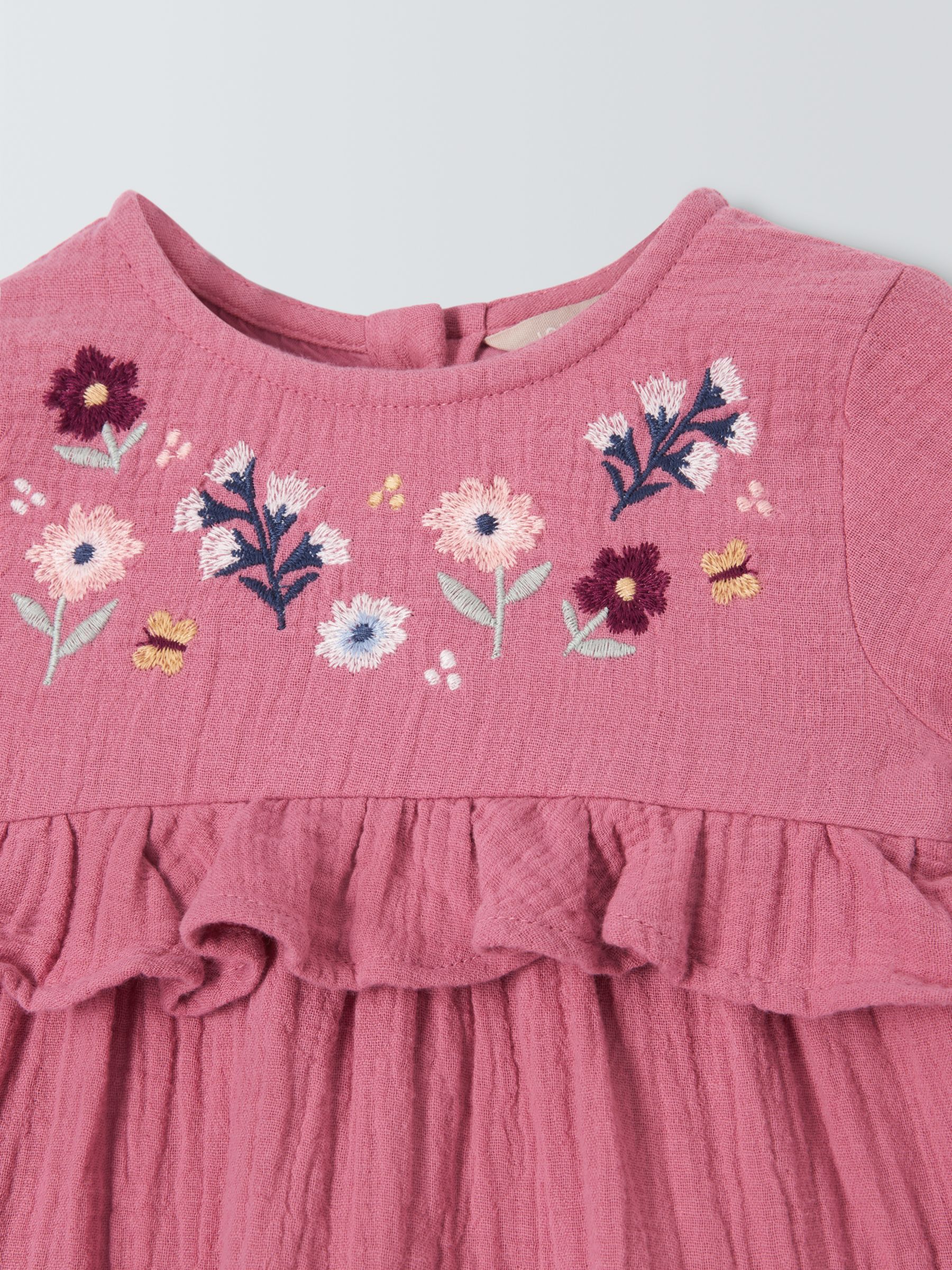 John Lewis Baby Floral Embroidered Long Sleeve Dress, Pink, 2-3 years