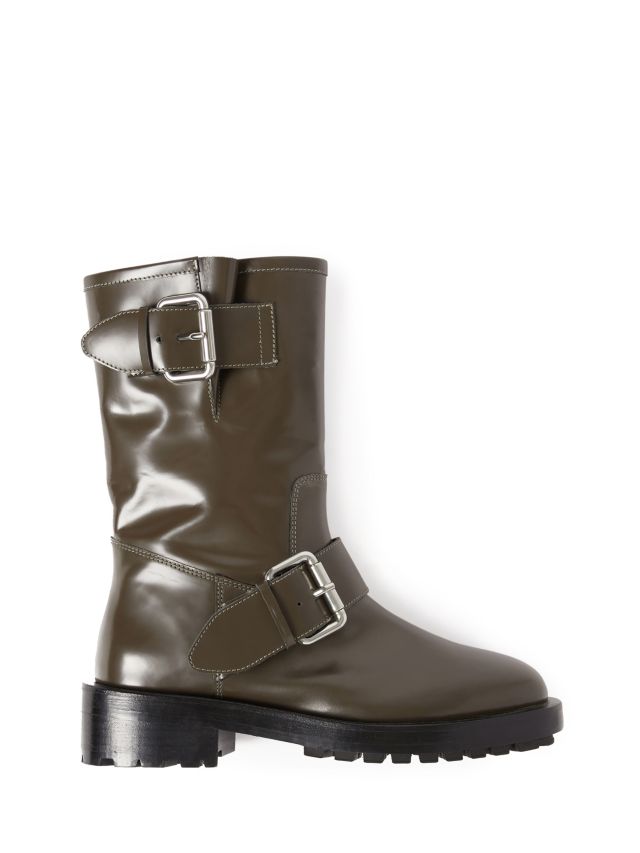 Jigsaw Glossy Leather Biker Boots Khaki EU36