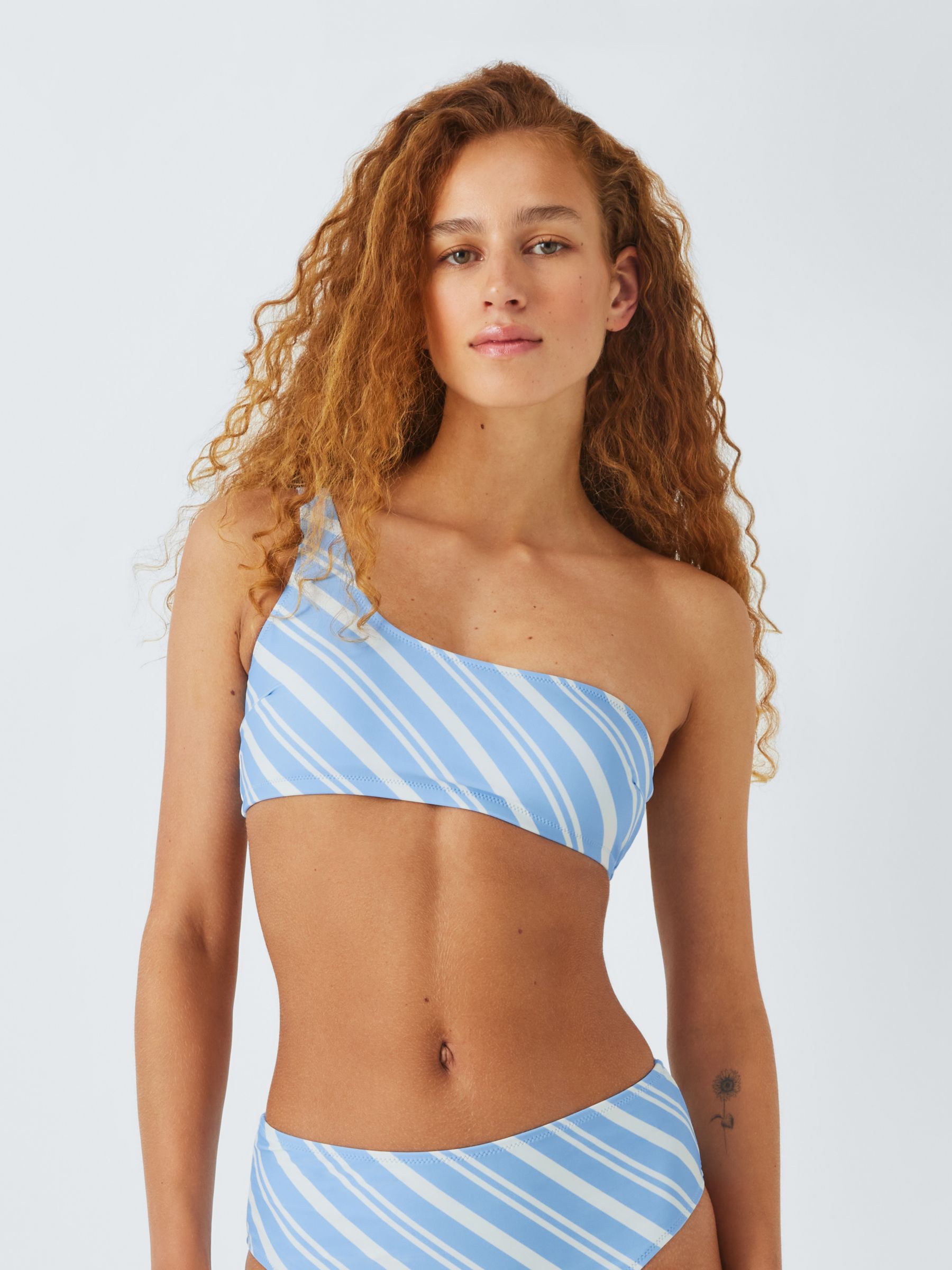 John Lewis ANYDAY Diagonal Stripe One Shoulder Bikini Top, Powder Blue, 18