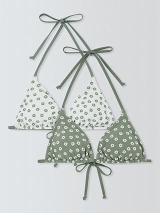 John Lewis ANYDAY Jacquard Flower Bikini Top, Pack of 2, Olive