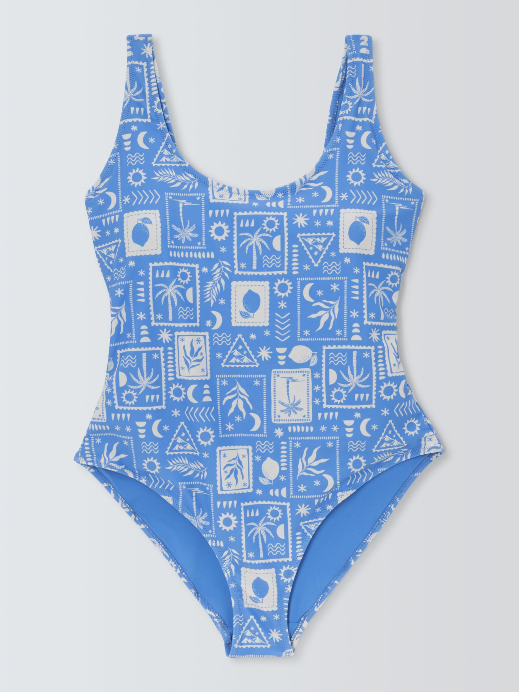 John Lewis ANYDAY Postcard Print Scooped Back Swimsuit, Mid Blue, 10