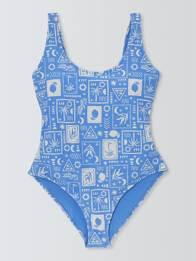 John Lewis ANYDAY Postcard Print Scooped Back Swimsuit, Mid Blue