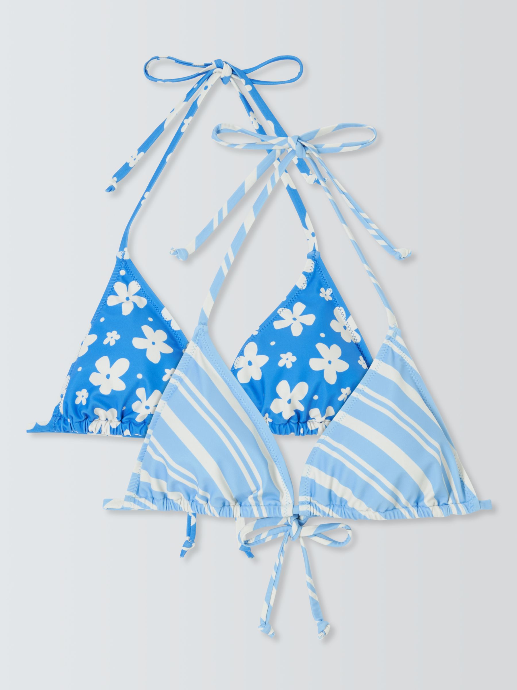 John Lewis ANYDAY Flower Stripe Bikini Top, Pack of 2, Powder Blue/White, 16