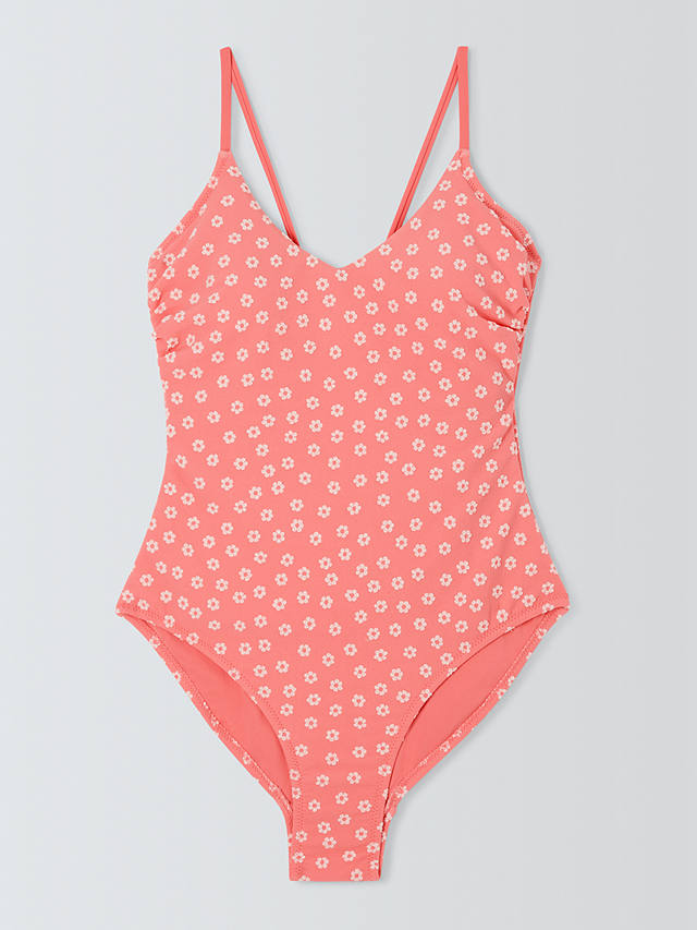 John Lewis ANYDAY Ditsy Floral Tie Back Swimsuit, Bright Coral