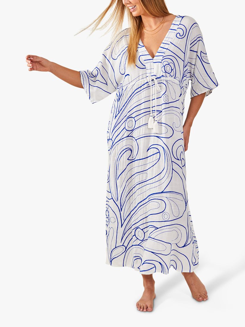 Accessorize Embroidered Swirl Maxi Dress, White/Blue, XS