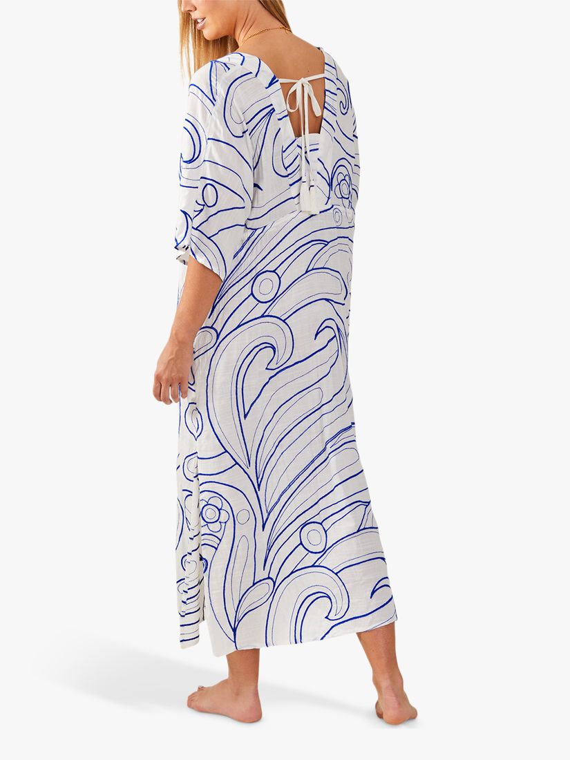 Accessorize Embroidered Swirl Maxi Dress, White/Blue, XS