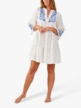 Accessorize Linen Blend Embroidered Mini Dress, White/Blue, White/Blue