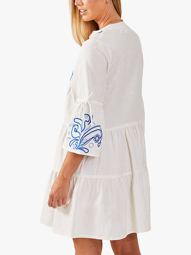 Accessorize Linen Blend Embroidered Mini Dress, White/Blue