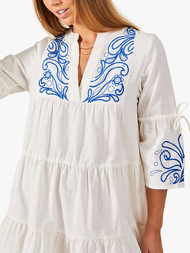 Accessorize Linen Blend Embroidered Mini Dress, White/Blue