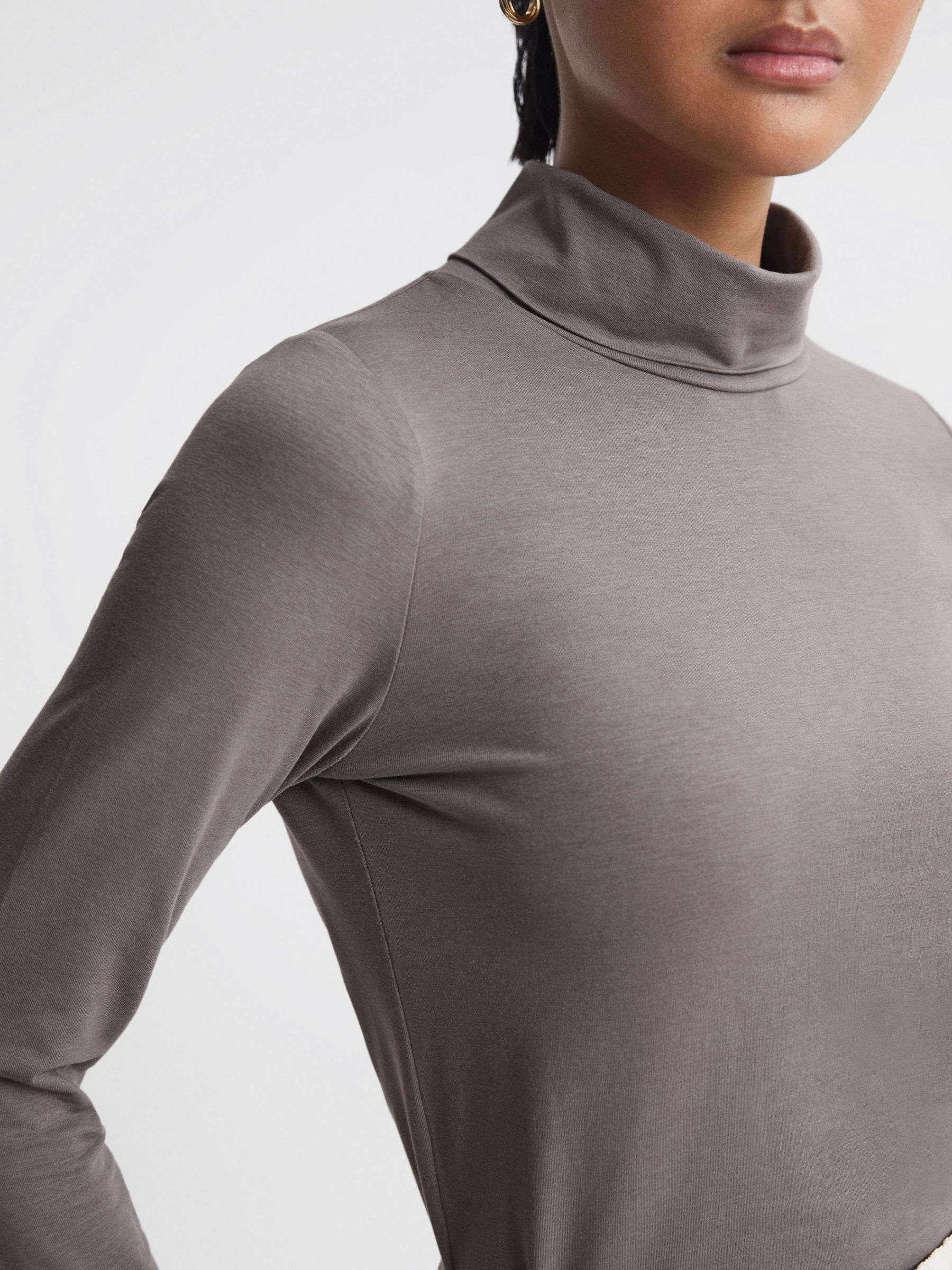Reiss Piper Fitted Roll Neck Top, Taupe at John Lewis & Partners