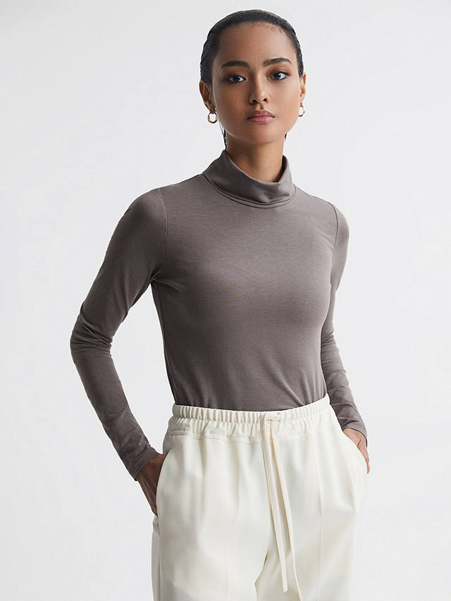 Reiss Piper Fitted Roll Neck Top, Taupe