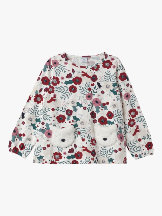 Polarn O. Pyret Kids\' Organic Cotton Floral Print Bear Pocket Top,  White/Multi, 12-18 months