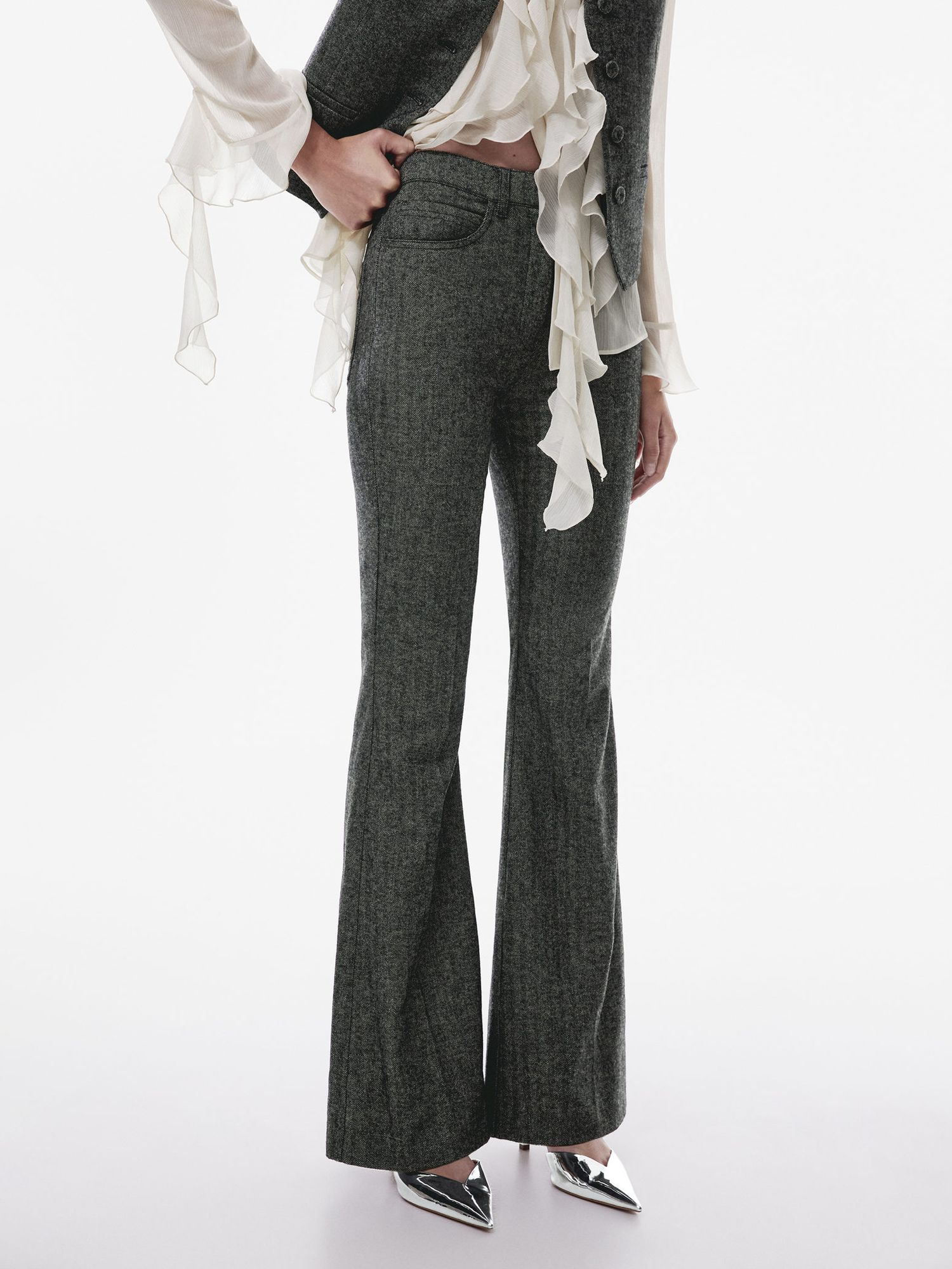 Mango Espy Wool Blend Flared Trousers, Grey at John Lewis & Partners