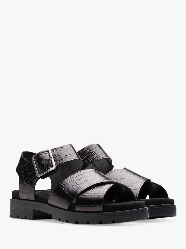 Clarks Orinocco Wide Fit Textured Leather Cross Strap Sandals, Black