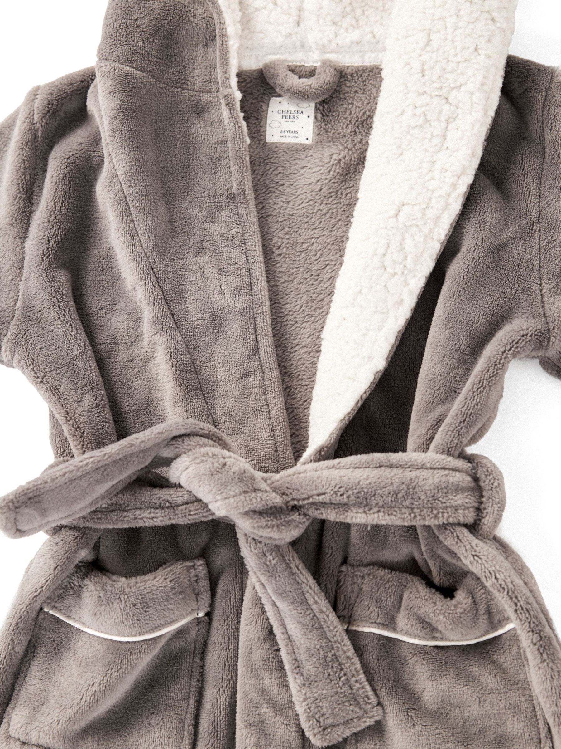 Chelsea Peers Kids' Fluffy Hooded Dressing Gown, Grey at John Lewis ...