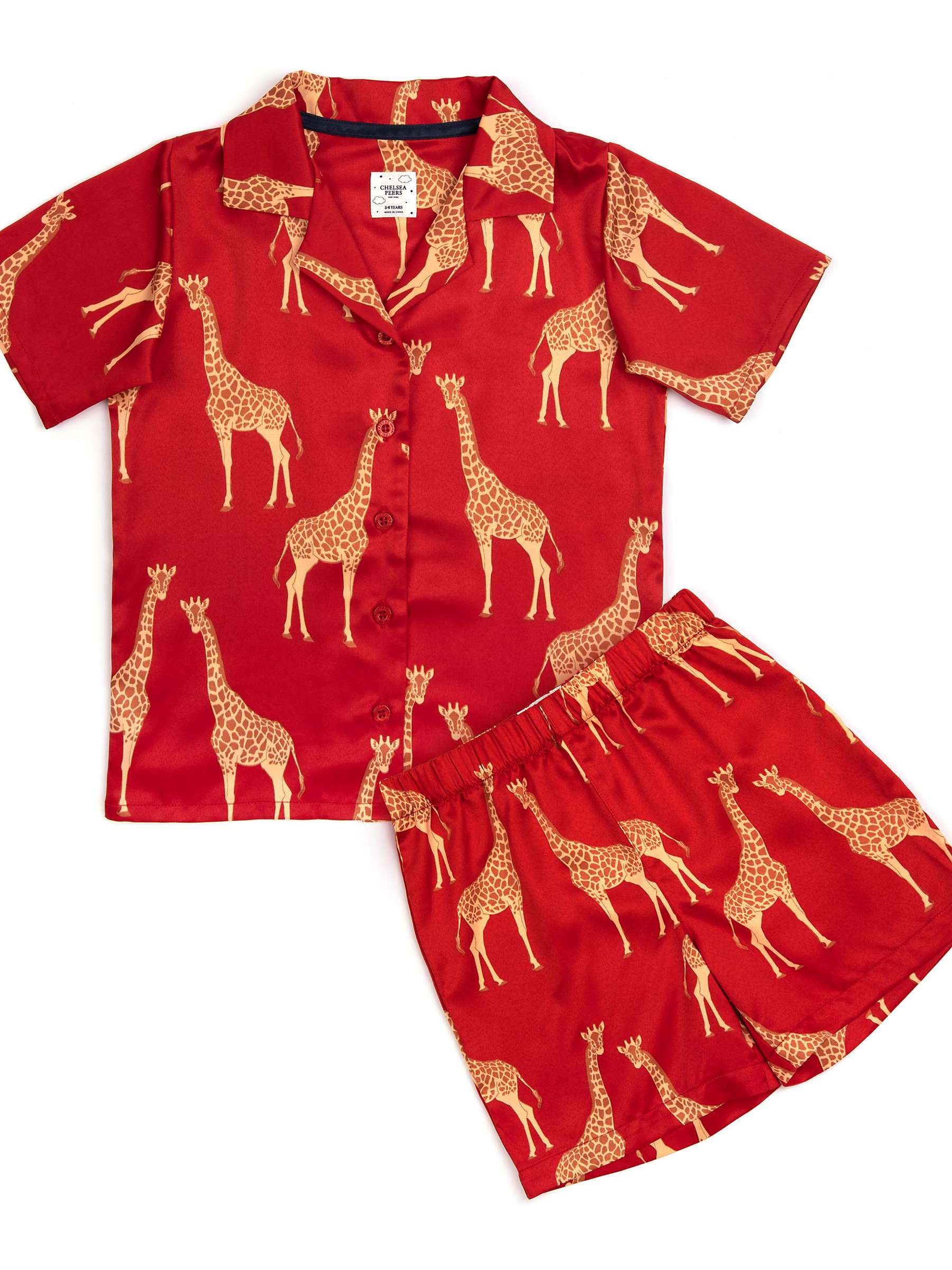 Buy Chelsea Peers Kids' Giraffe Print Satin Pyjama Set, Red/Multi Online at johnlewis.com