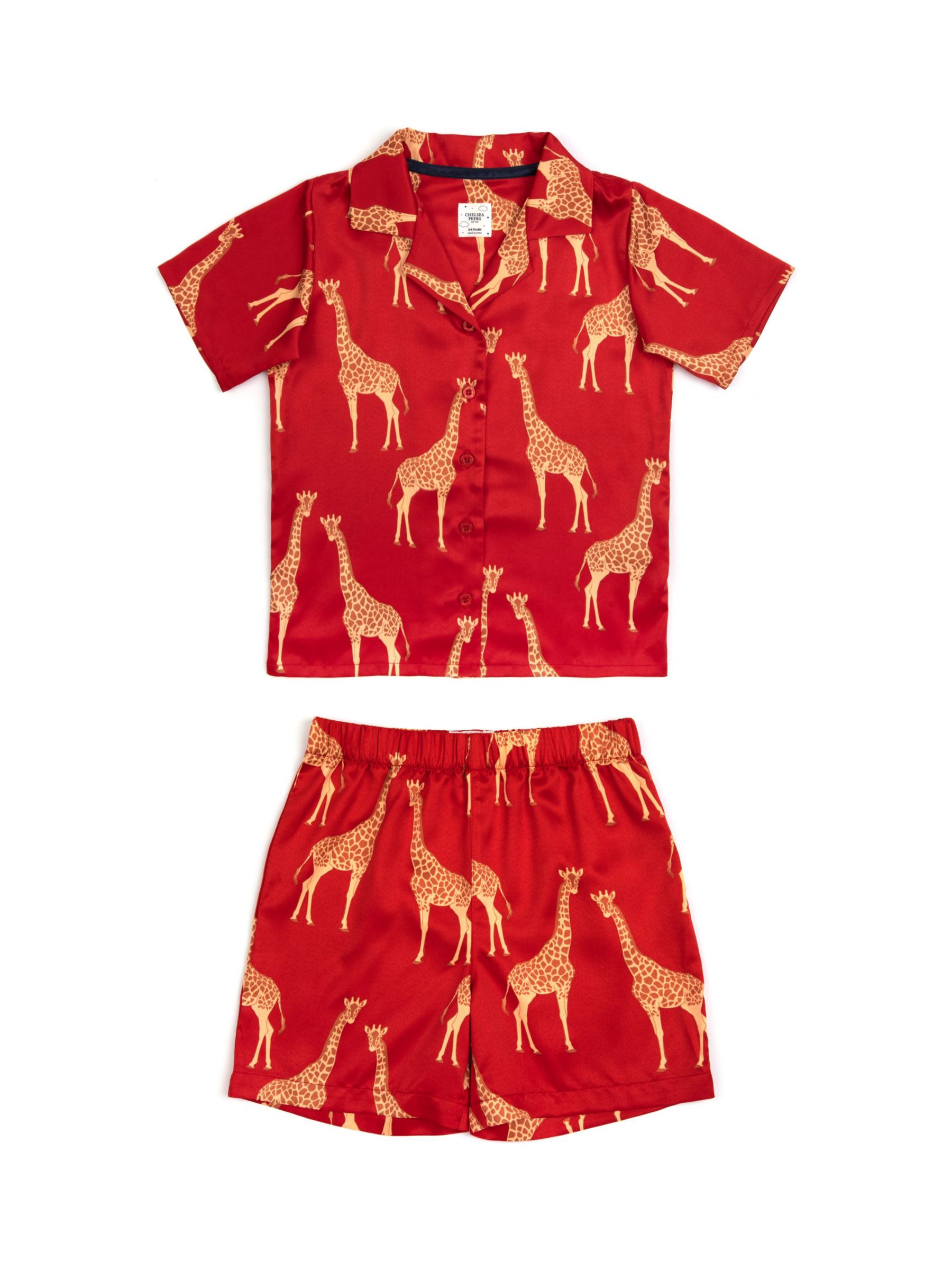 Chelsea Peers Kids' Giraffe Print Satin Pyjama Set, Red/Multi, 1-2 years