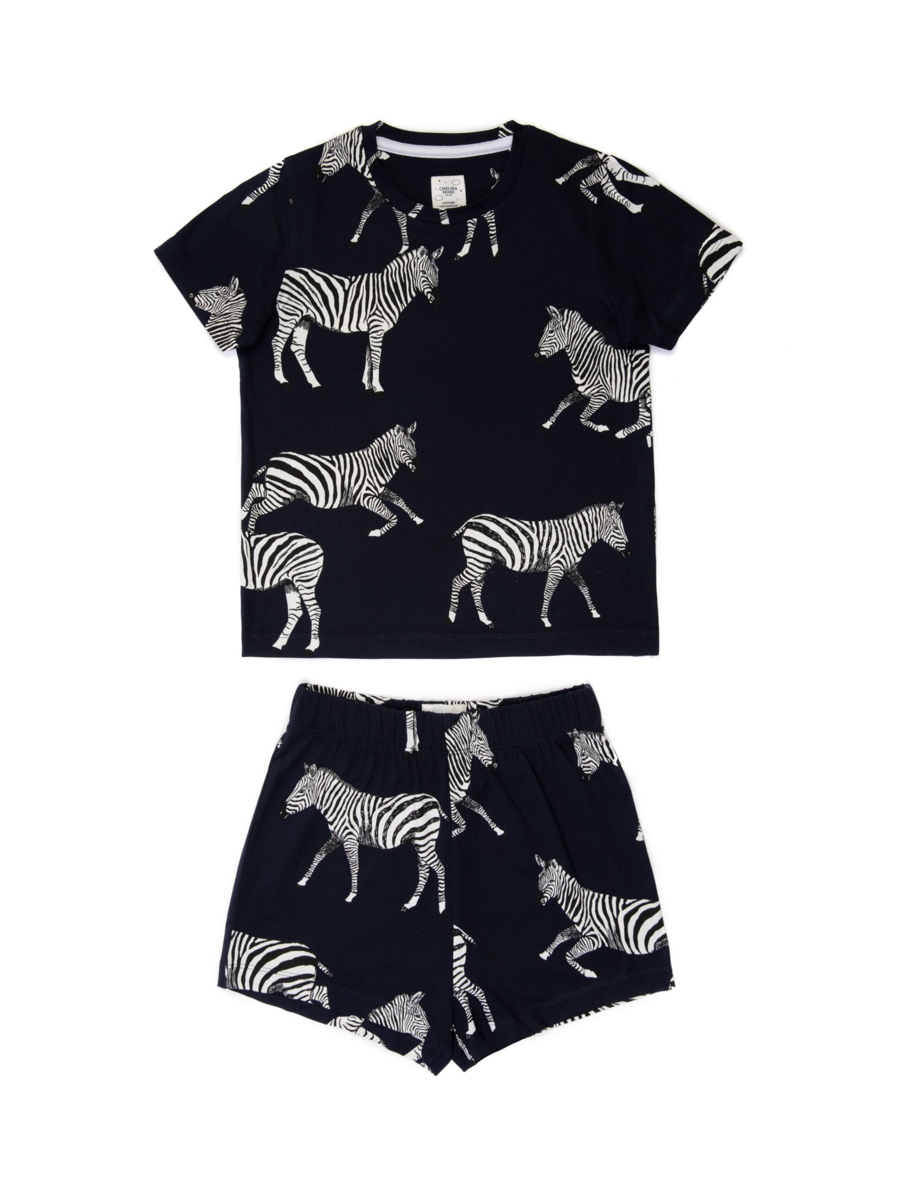 Chelsea Peers Kids' Zebra Print Crew Neck Pyjama Set, Navy/Multi at ...