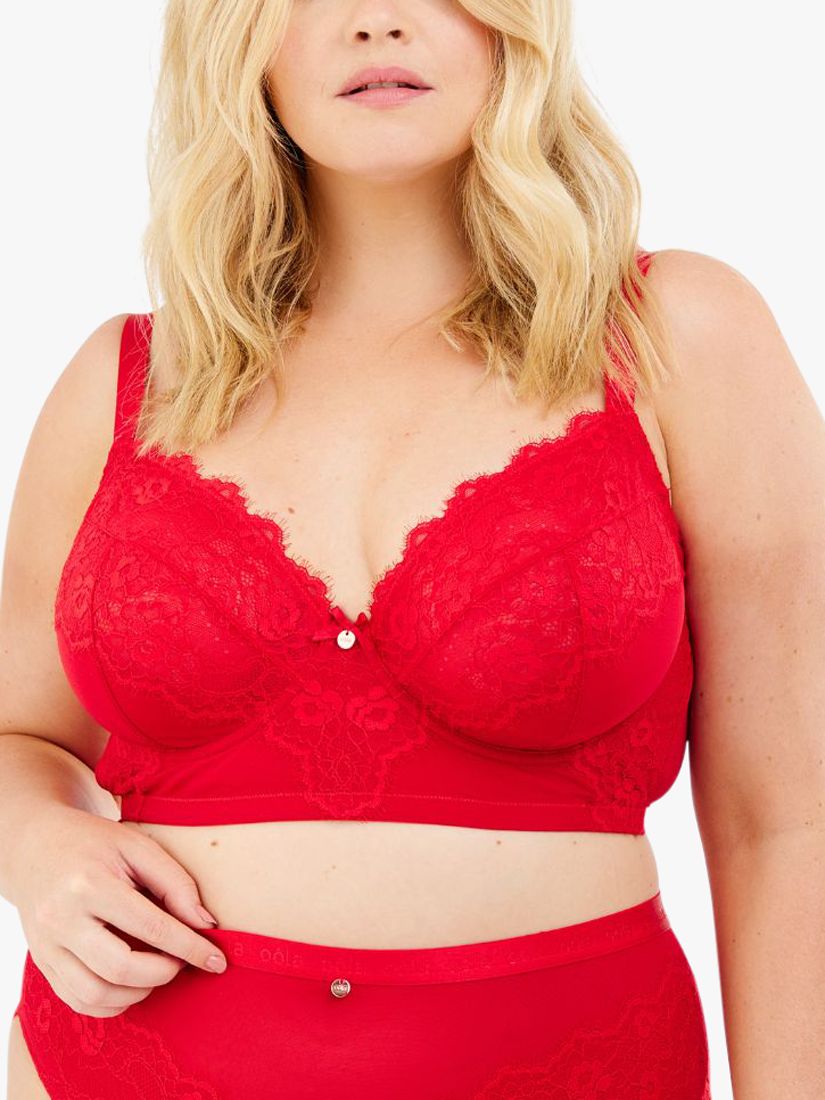Oola Lingerie Lace and Logo Longline Underwired Bra, Red at John
