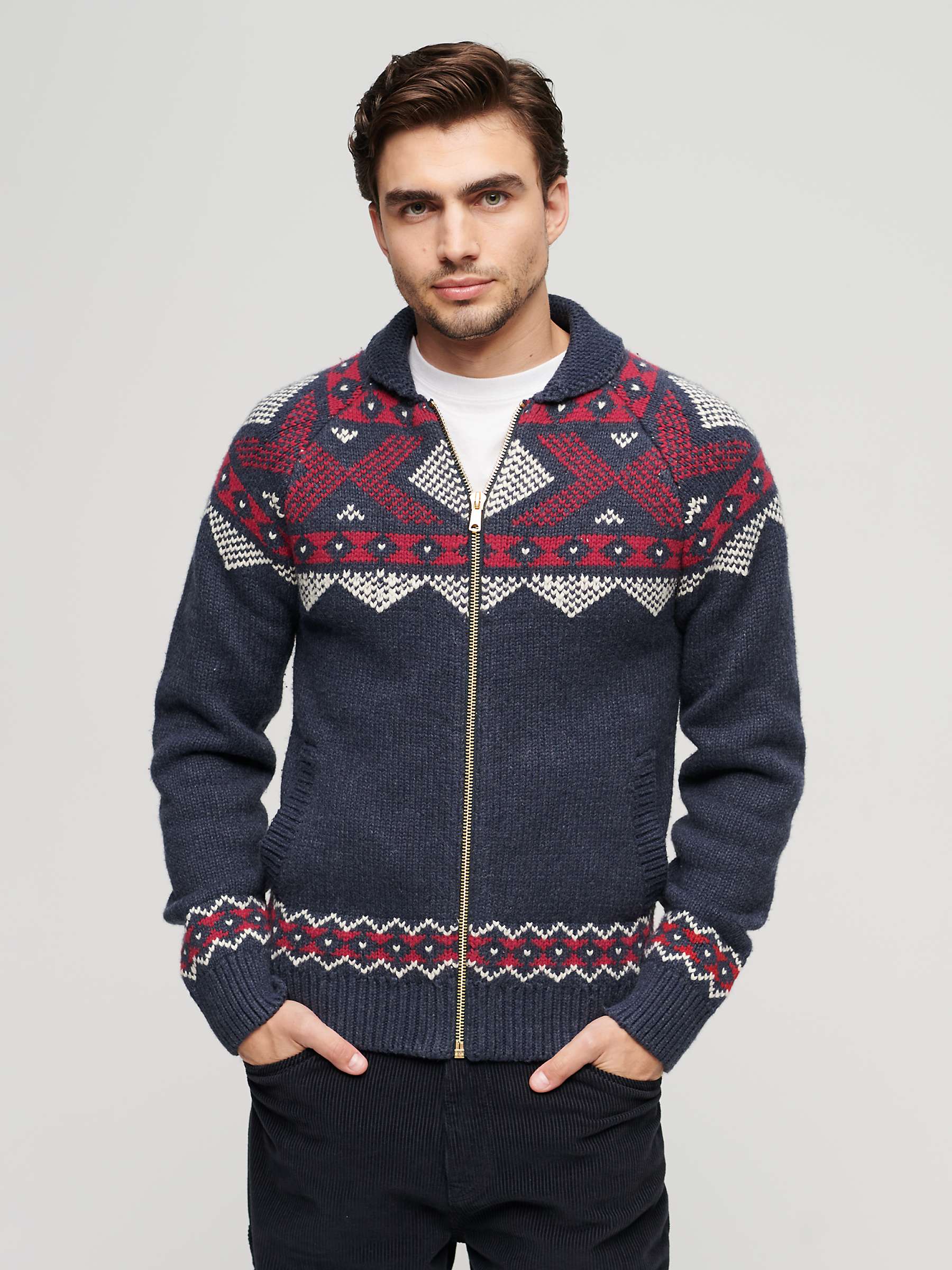 Buy Superdry Wool Blend Zip Thorugh Knitted Cardigan, Navy/Multi Online at johnlewis.com