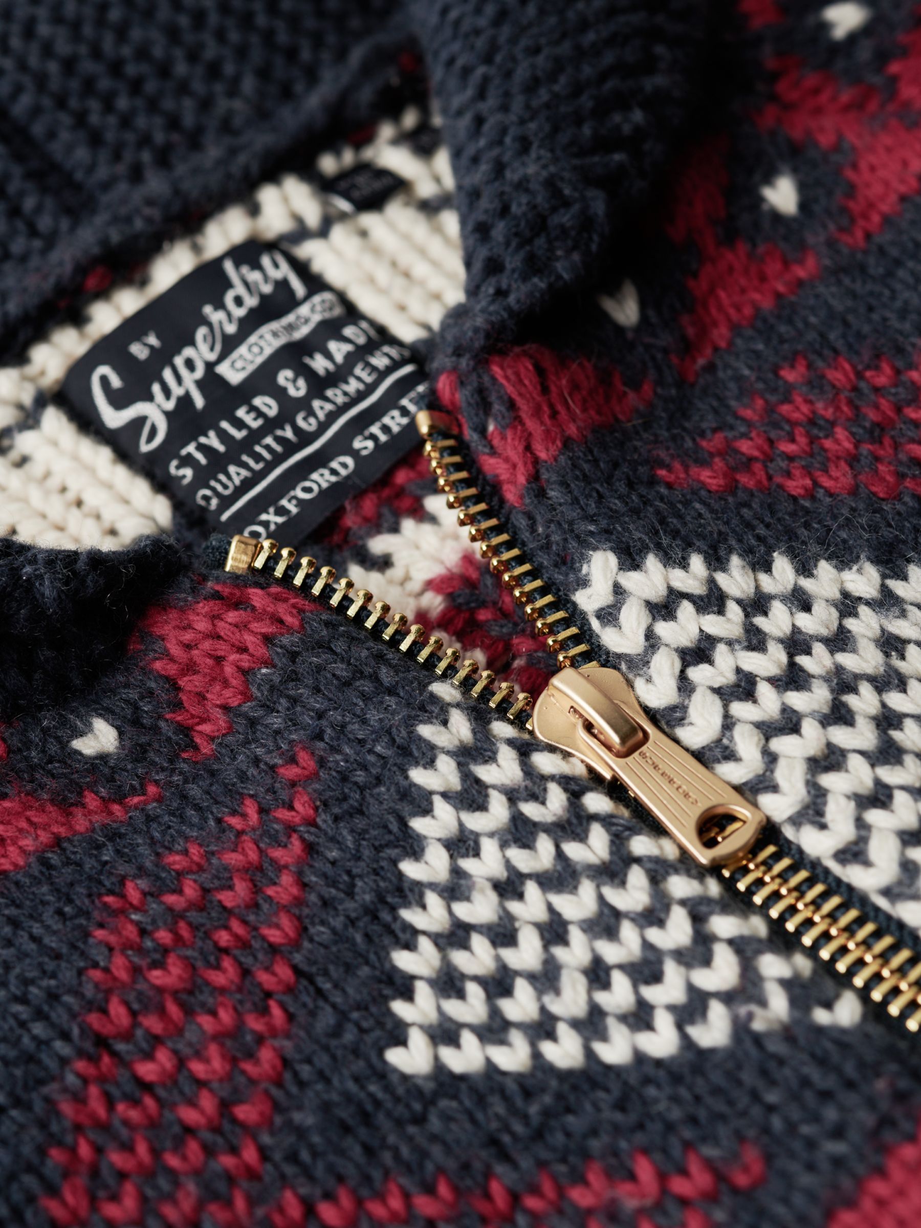 Superdry Wool Blend Zip Thorugh Knitted Cardigan, Navy/Multi at John ...
