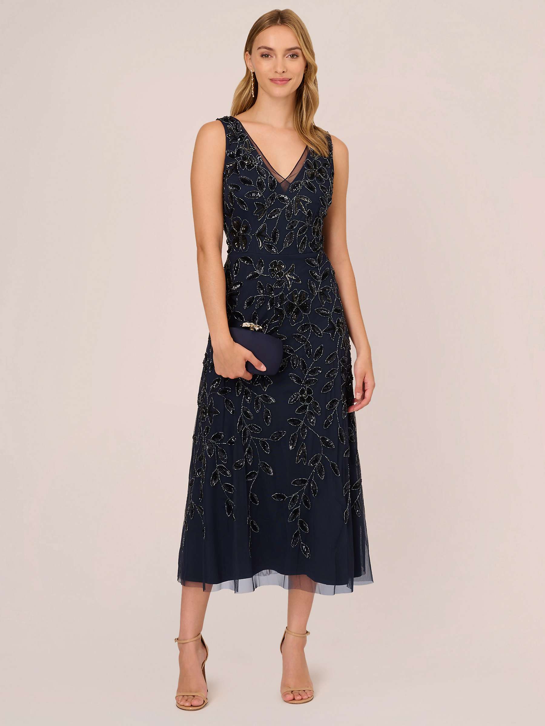 Adrianna Papell Beaded Ankle Length Gown, Navy at John Lewis & Partners