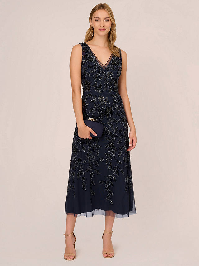 Adrianna Papell Beaded Ankle Length Gown, Navy