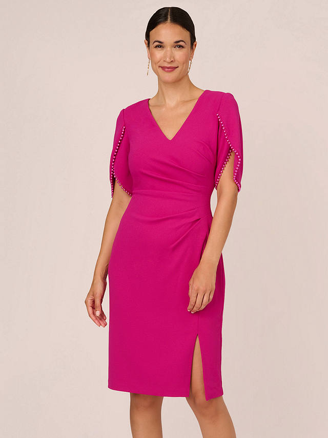 Adrianna Papell Knit Crepe Pearl Trim Knee Length Dress, Hot Orchid