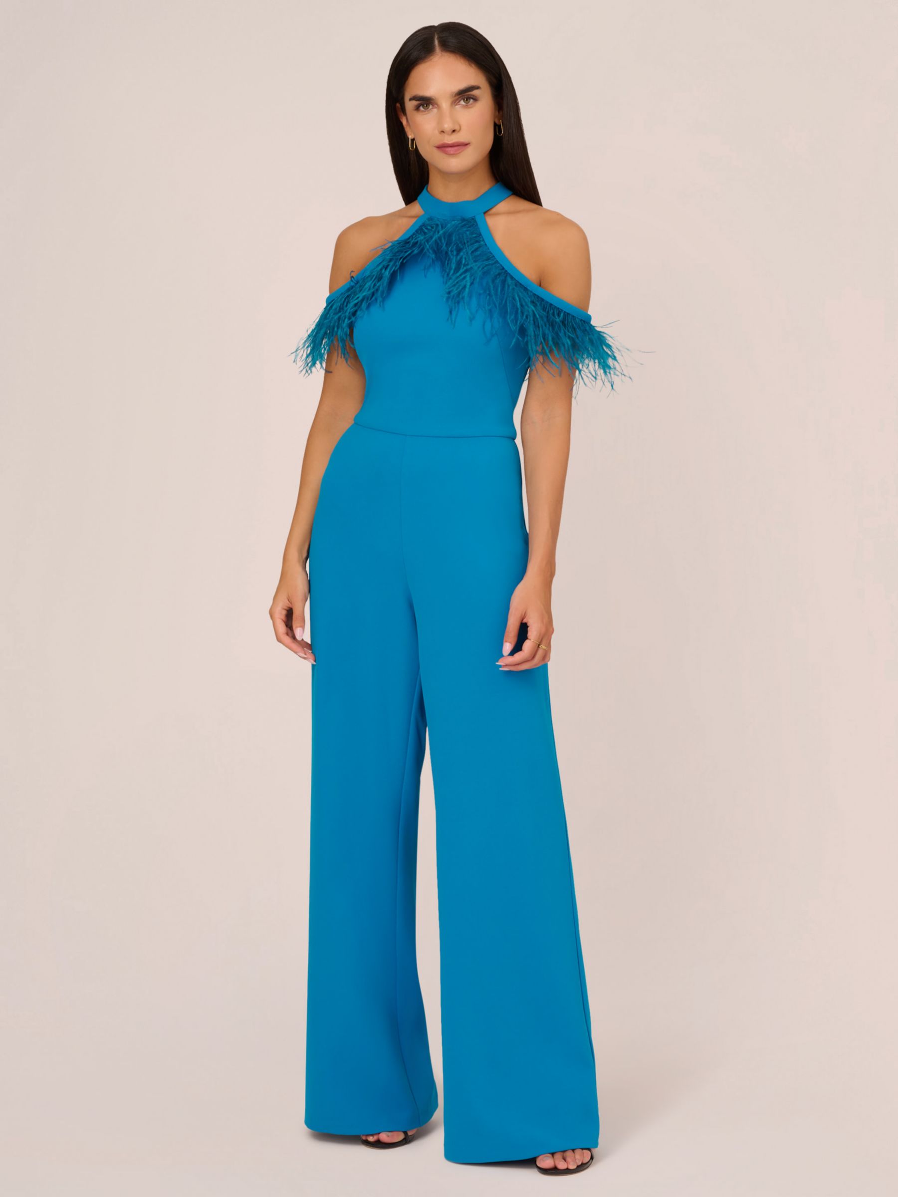 Adrianna By Adrianna Papell Feather Trimmed Stretch Crepe Jumpsuit, Deep Cerulean, 6