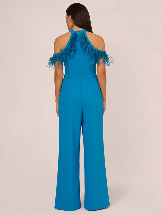 Adrianna By Adrianna Papell Feather Trimmed Stretch Crepe Jumpsuit, Deep Cerulean