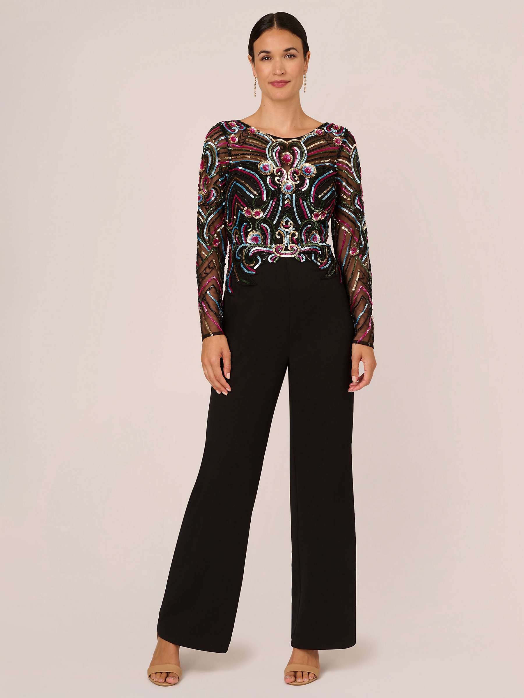 Buy Adrianna Papell Embellished Mesh Crepe Jumpsuit, Black/Multi Online at johnlewis.com