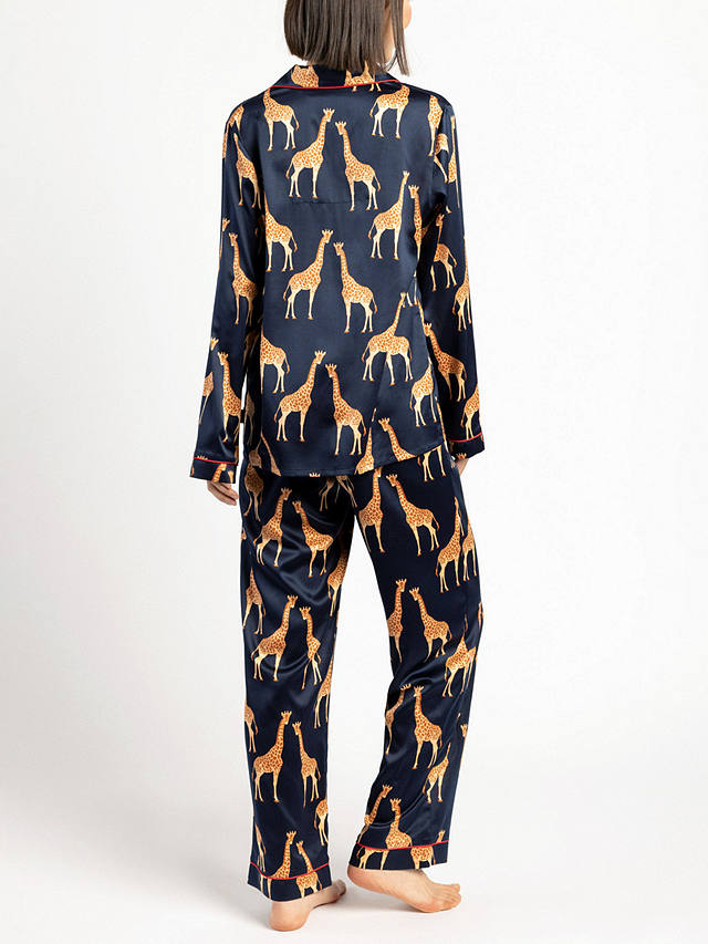 Chelsea Peers Giraffe Satin Long Shirt Pyjama Set, Navy