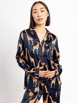 Chelsea Peers Giraffe Satin Long Shirt Pyjama Set, Navy