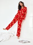 Chelsea Peers Giraffe Satin Long Shirt Pyjama Set, Red