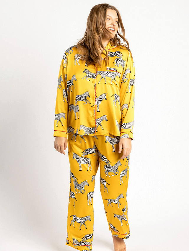 Chelsea Peers Curve Zebra Long Shirt Satin Pyjama Set, Mustard
