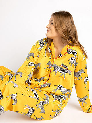 Chelsea Peers Curve Zebra Long Shirt Satin Pyjama Set, Mustard