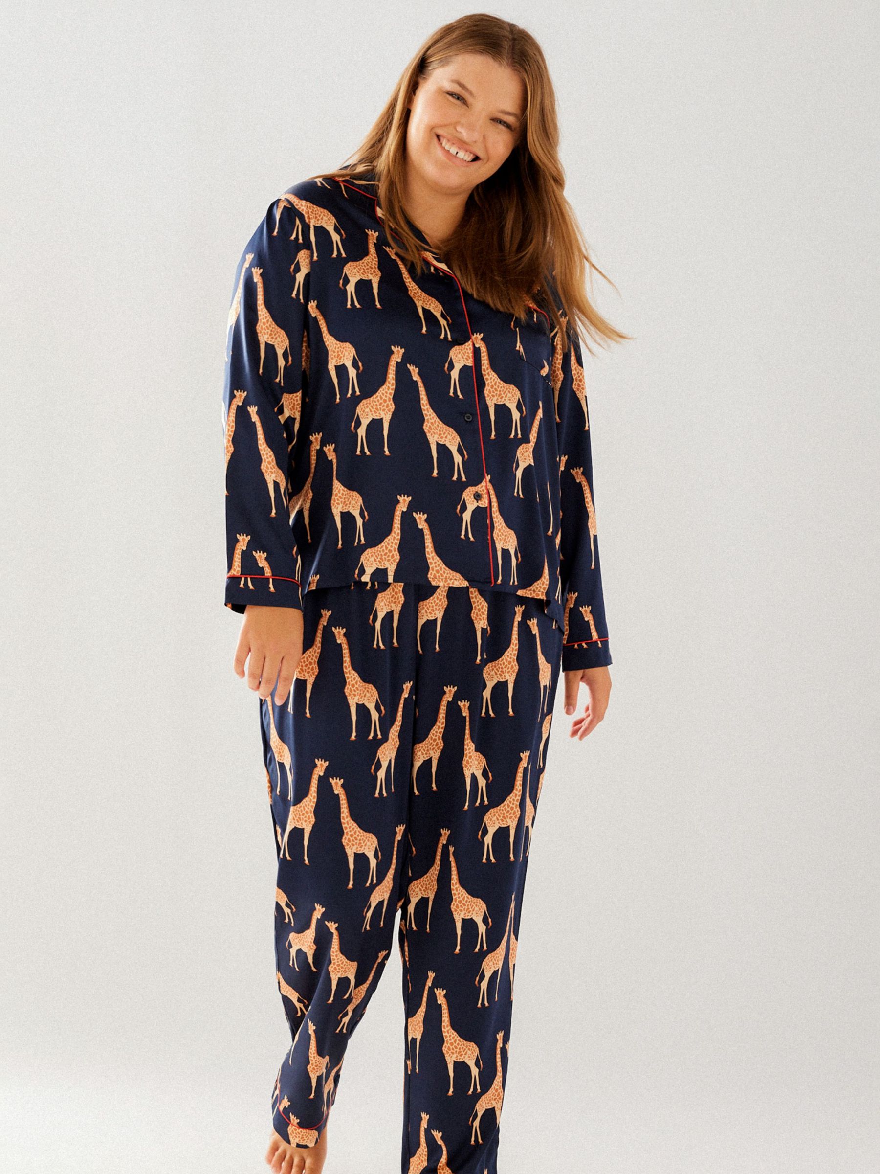 Buy Chelsea Peers Curve Satin Giraffe Print Long Pyjama Set, Navy/Multi Online at johnlewis.com