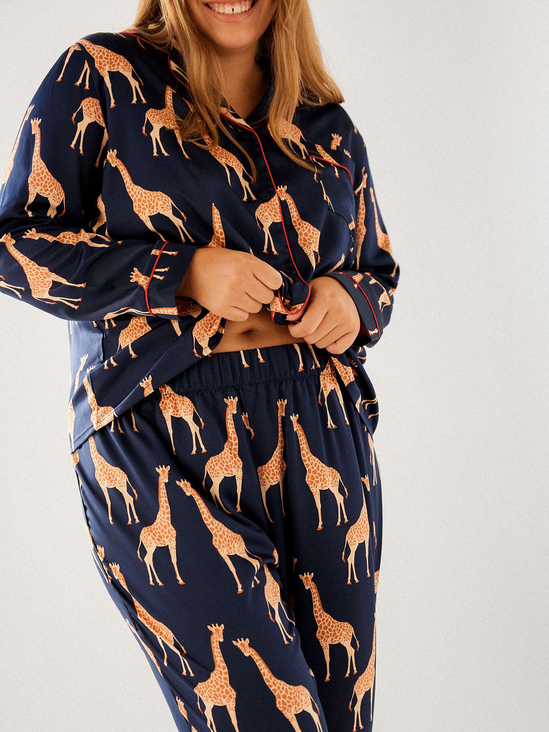 Buy Chelsea Peers Curve Satin Giraffe Print Long Pyjama Set, Navy/Multi Online at johnlewis.com