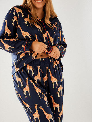 Chelsea Peers Curve Satin Giraffe Print Long Pyjama Set, Navy/Multi