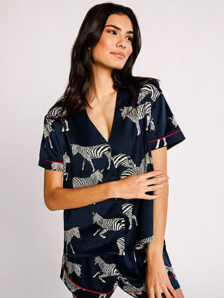 Chelsea Peers Zebra Short Shirt Satin Pyjama Set, Navy