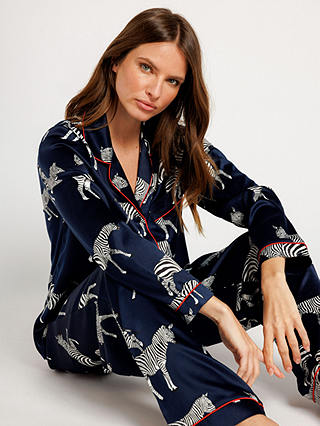 Chelsea Peers Zebra Long Shirt Satin Pyjama Set, Navy
