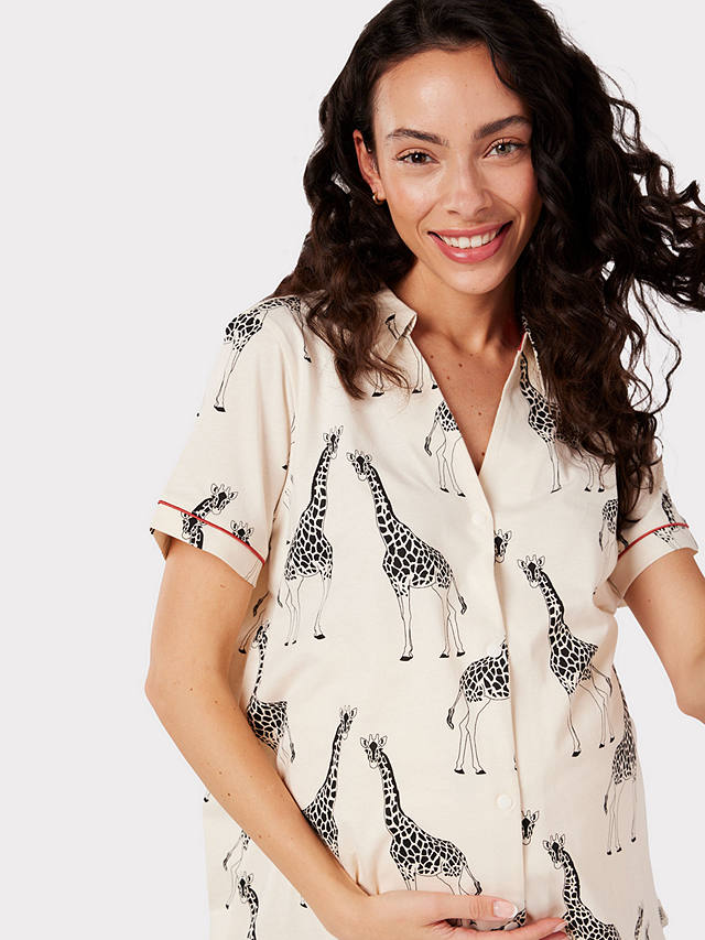Chelsea Peers Giraffe Short Shirt Organic Cotton Maternity Pyjama Set, Off White