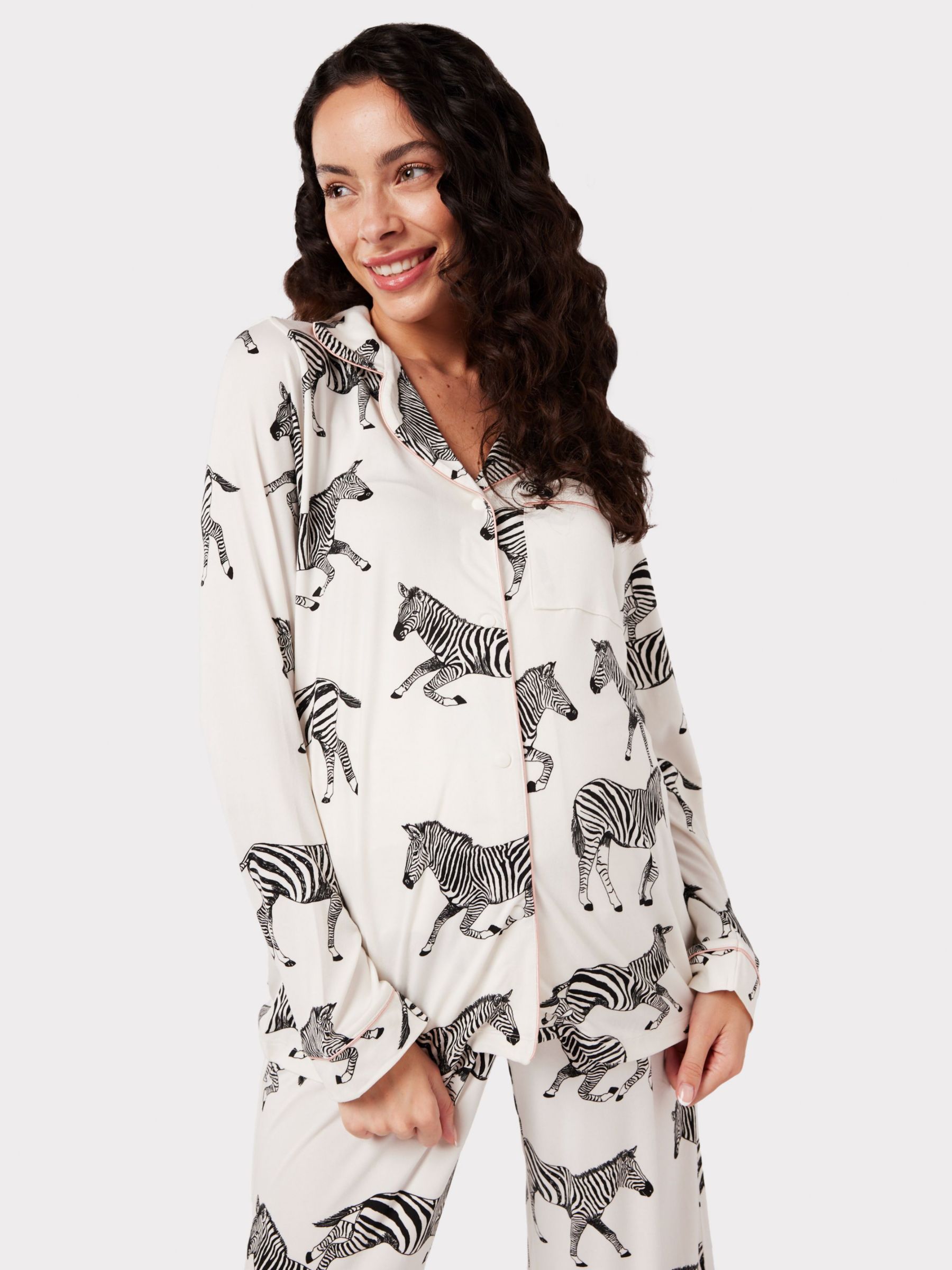 Chelsea Peers Zebra Long Shirt Maternity Pyjama Set, White, 10