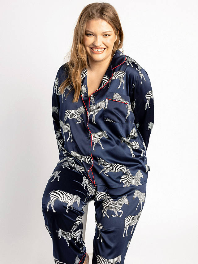 Chelsea Peers Curve Zebra Long Shirt Satin Pyjama Set, Navy