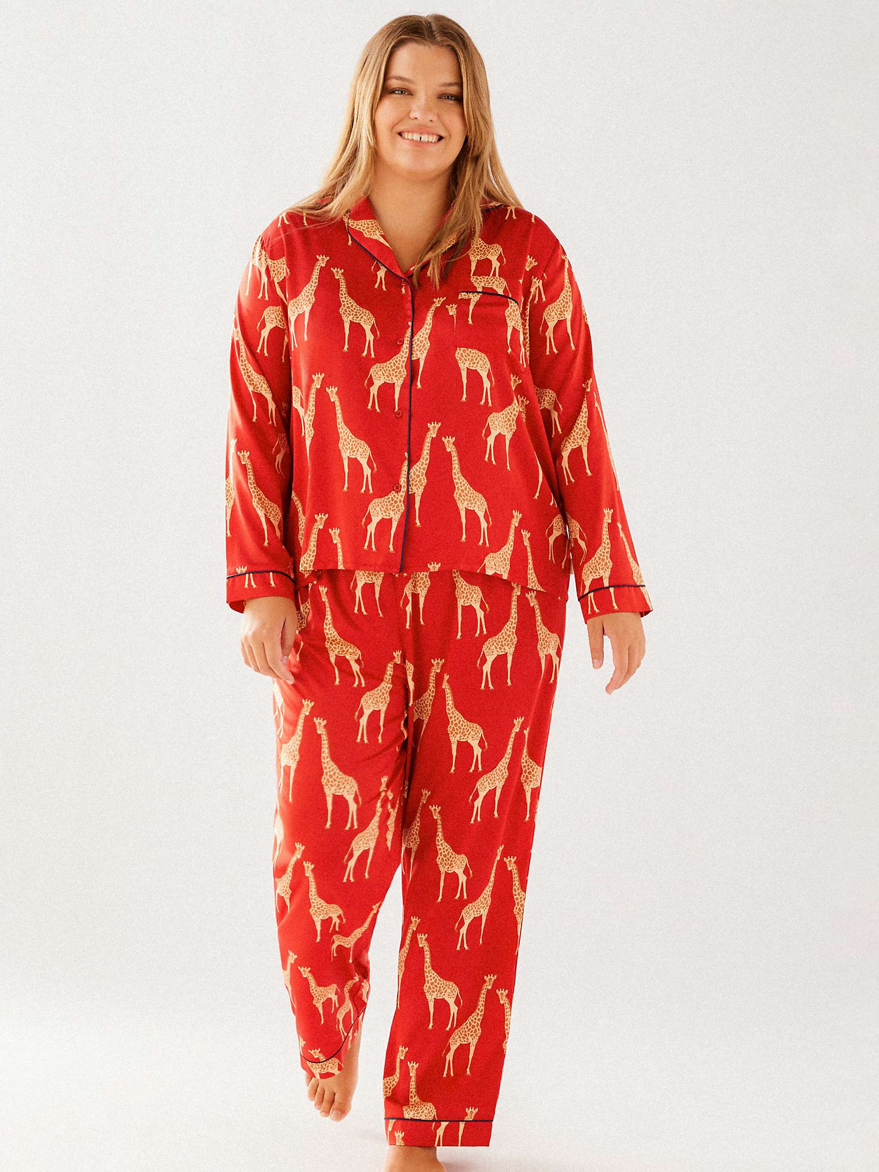 Buy Chelsea Peers Curve Giraffe Long Shirt Satin Pyjama Set, Red Online at johnlewis.com